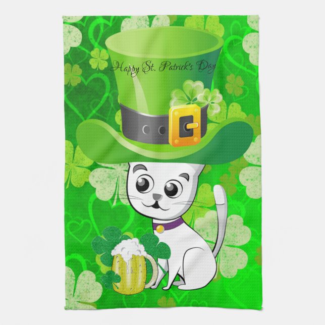 Saint Patrick's Day Kitchen Hand Towel Cat Floral (Vertical)