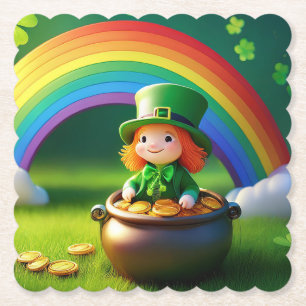 Saint Patrick's Day Leprechaun in Pot of Gold Paper Coaster