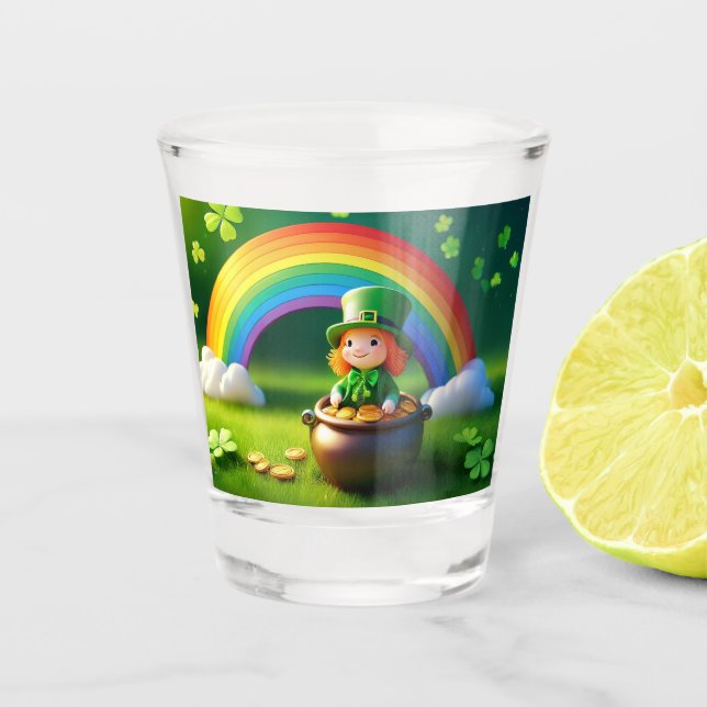 Saint Patrick's Day Leprechaun in Pot of Gold Shot Glass (Front)