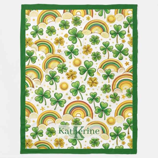 Saint Patrick's Day Pot of Gold Rainbow Shamrocks  Fleece Blanket (Front)