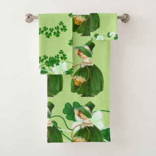 Saint Patricks Day Shamrock Cute Lucky Girl Green  Bath Towel Set