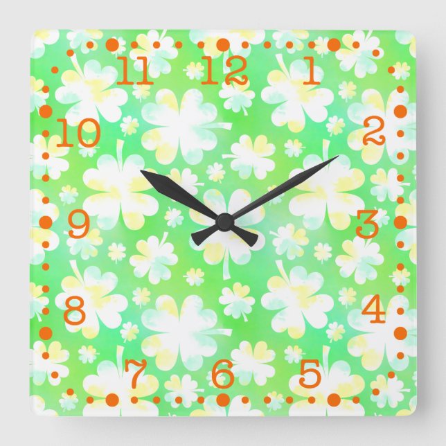 Saint Patrick's Day Shamrocks Retro Watercolor Square Wall Clock (Front)