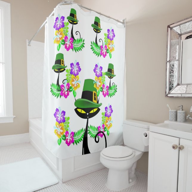 Saint Patrick's Day Shower Curtain Cat Floral (In Situ)