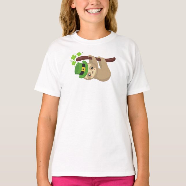 Saint Patrick's Day Sloth, Leprechaun Hat, Clovers T-Shirt (Front)