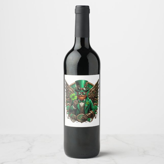 Saint Patrick's Day steampunk clover Wine Label (Front)