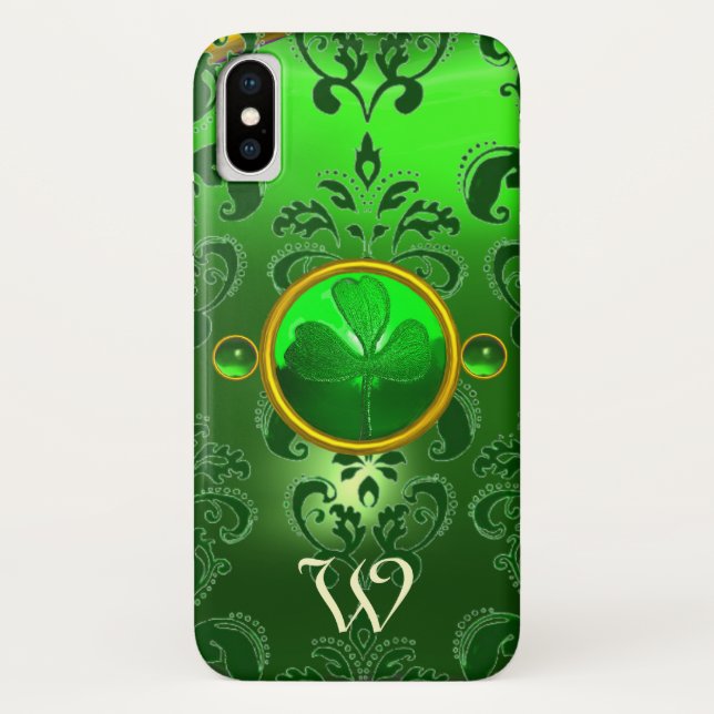 SAINT PATRICK'S SHAMROCK GREEN DAMASK MONOGRAM Case-Mate iPhone CASE (Back)