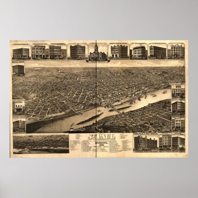 Saint Paul Minnesota 1883 Antique Panoramic Map Poster (Front)
