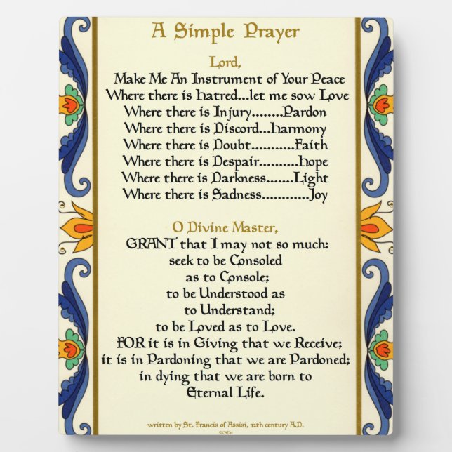 Saint St.Francis of Assisi Simple Prayer For Peace Plaque (Front)