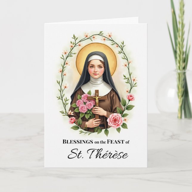 Saint Therese of Lisieux Feast Day Blessings Roses Card (Front)