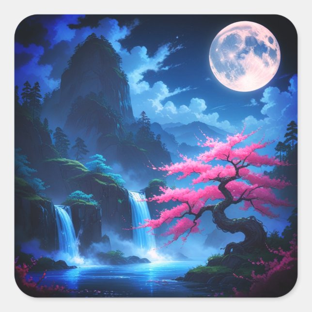 Sakora tree -Moonlit Waterfall with Cherry-nature Square Sticker (Front)
