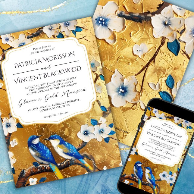 Sakura and Blue Love Birds on GOLD Wedding Invitation (Creator Uploaded)