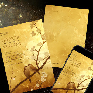 Sakura and Love Birds on GOLD Wedding Invitation