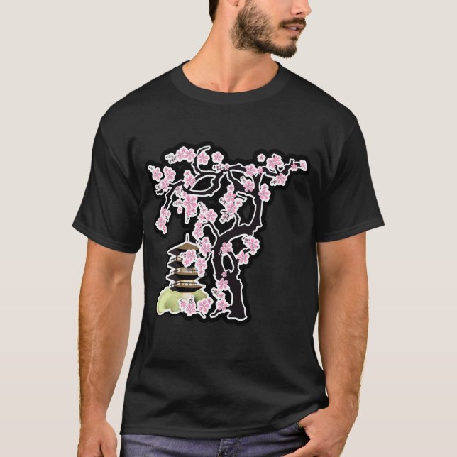 Sakura and Pagoda Japanese Design T-Shirt (Front)