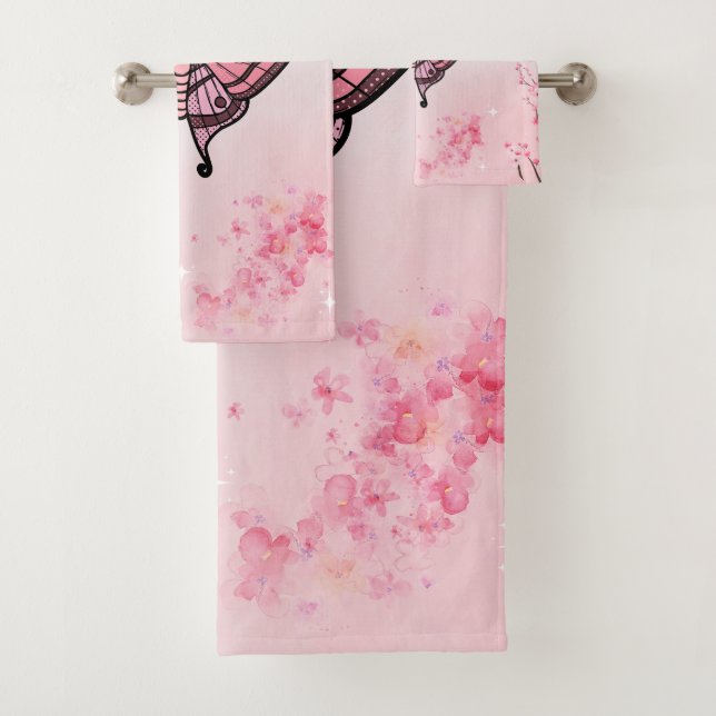 Sakura Bliss, Pink Moth, Sakura Background Bath Towel Set (Insitu)