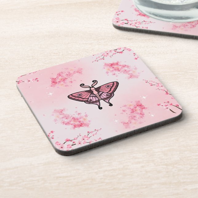 Sakura Bliss, Pink Moth, Sakura Background Coaster (Left Side)