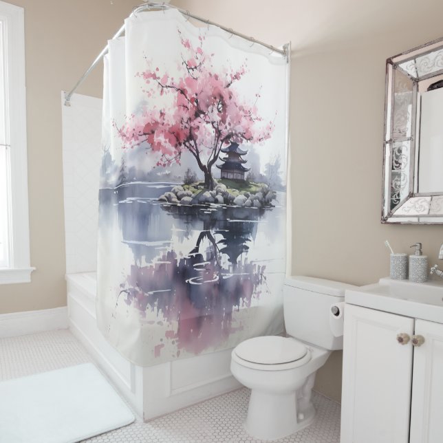 Sakura Blooming over Lake Shower Curtain (In Situ)