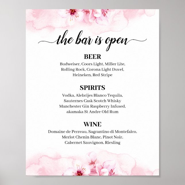 Sakura Blossom Calligraphy Wedding Bar Menu Sign (Front)