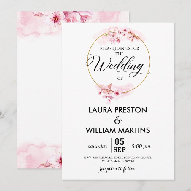 Sakura Blossom Floral Wreath Wedding Invitation (Front/Back)