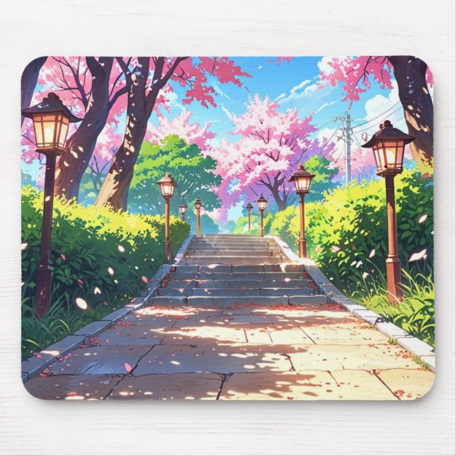 Sakura Blossom Path PastelLandscape Anime Mousepad (Front)