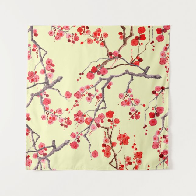 Sakura Blossom Watercolor Seamless Pattern Tapestry (Front)