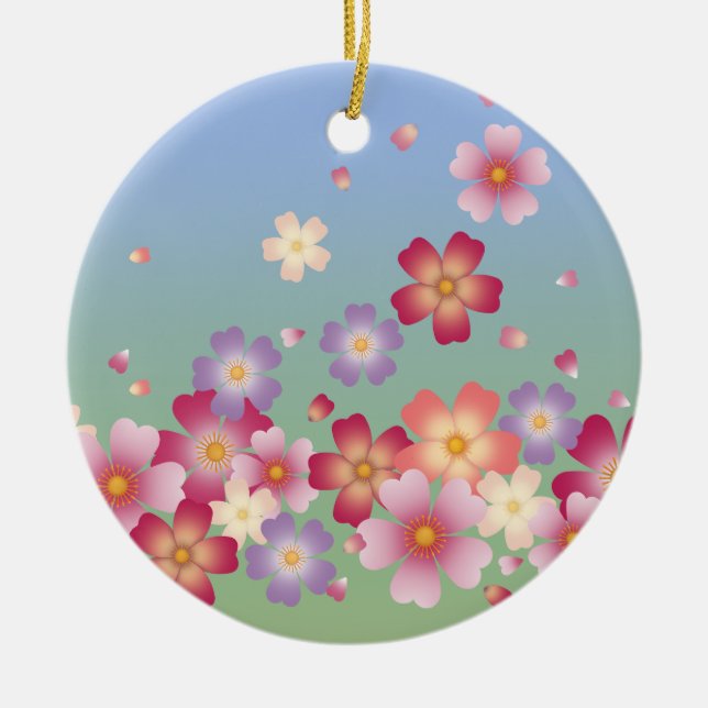 Sakura Blossoms Blue & Green Personalised Gift Ceramic Tree Decoration (Front)