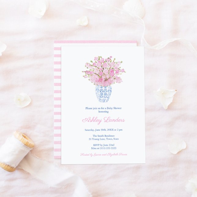 Sakura Blue White Chinese Vase Girl Baby Shower Invitation (Creator Uploaded)