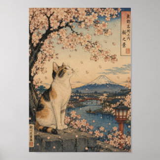 Sakura Cat by Mount Fuji Poster