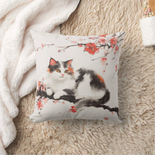 Sakura Cat Decorative Pillow – Elegant Floral Art