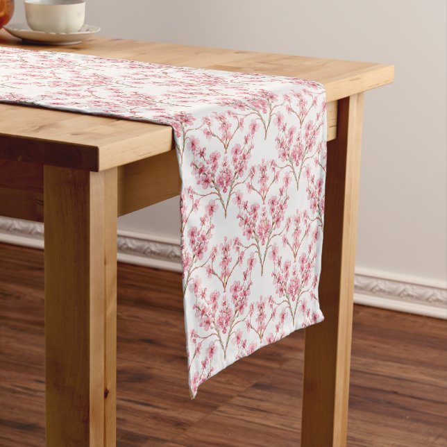 Sakura Cherry Blossom Damask Watercolor Short Table Runner (In Situ)