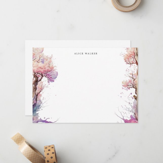 Sakura Cherry Blossom Elegant Monogram Stationery Card (Front/Back In Situ)