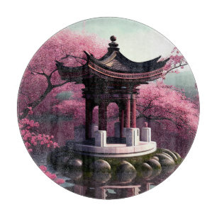 Sakura Cherry Blossom Garden Shrine Pond Japanese Cutting Board