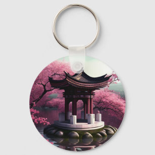 Sakura Cherry Blossom Garden Shrine Pond Japanese Key Ring