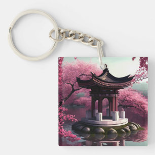 Sakura Cherry Blossom Garden Shrine Pond Japanese Key Ring