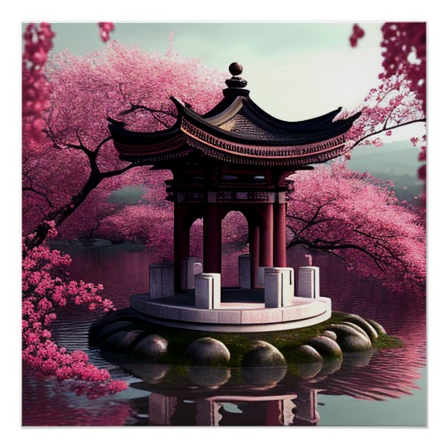 Sakura Cherry Blossom Garden Shrine Pond Japanese Poster (Front)