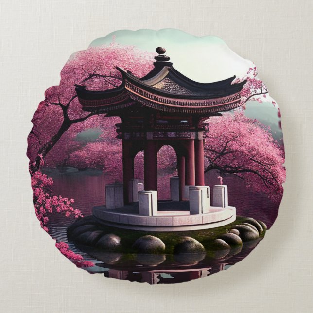 Sakura Cherry Blossom Garden Shrine Pond Japanese Round Cushion (Front)