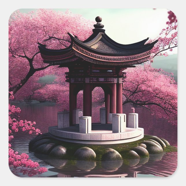 Sakura Cherry Blossom Garden Shrine Pond Japanese Square Sticker (Front)