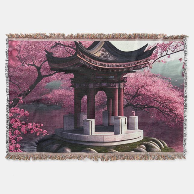 Sakura Cherry Blossom Garden Shrine Pond Japanese Throw Blanket (Front)