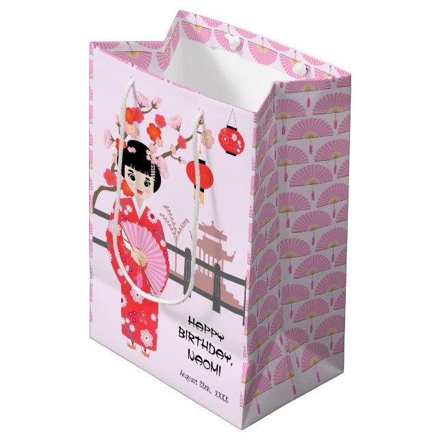 Sakura Cherry Blossom Japanese Girl Birthday Party Medium Gift Bag (Front Angled)