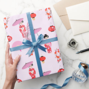 Sakura Cherry Blossom Japanese Girl Birthday Party Wrapping Paper