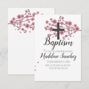 Sakura Cherry Blossom Pink Baptism Christening Invitation
