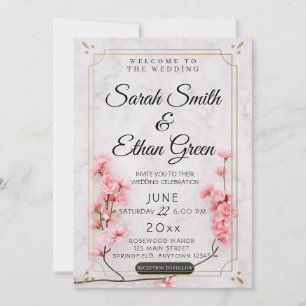 Sakura Cherry Blossom Pink Floral Marble Wedding Invitation