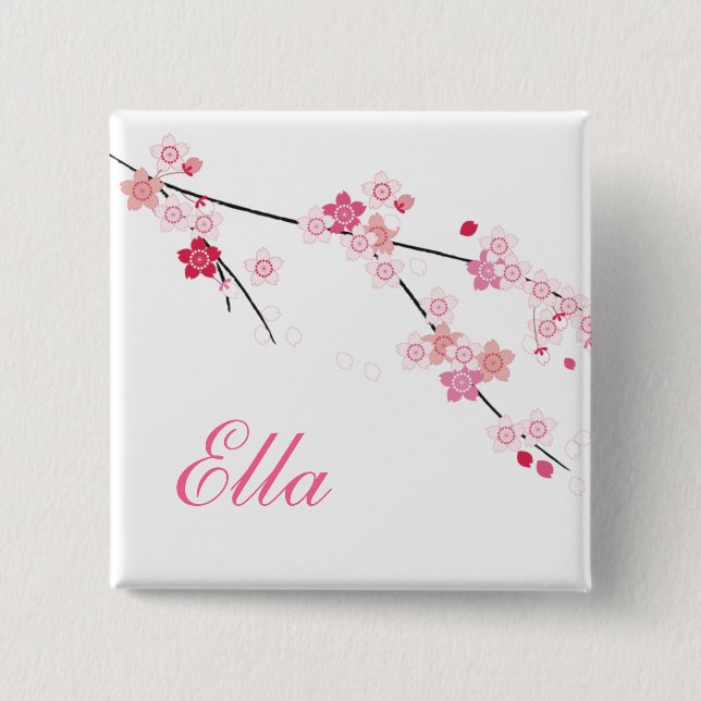 Sakura Cherry Blossoms Buttom with Custom Name 15 Cm Square Badge (Front)