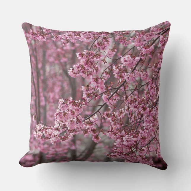 Sakura Cherry Blossoms Flowing Pink Cushion (Front)