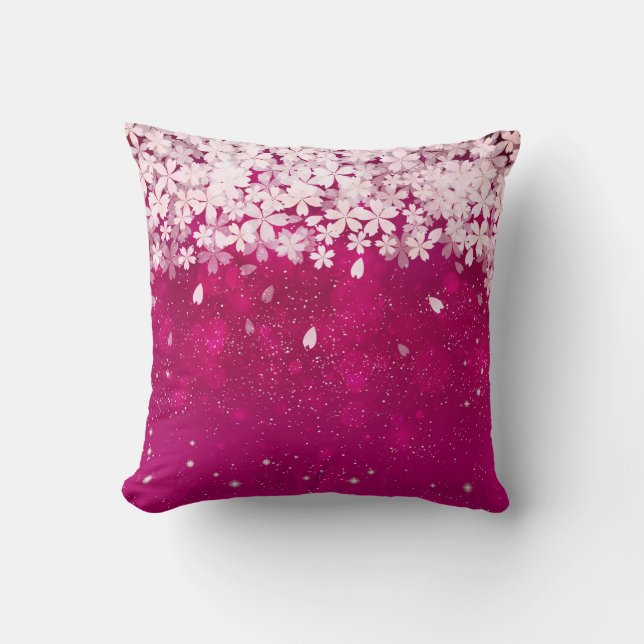 Sakura Cherry Blossoms Fuchsia & White Flowers Cushion (Front)