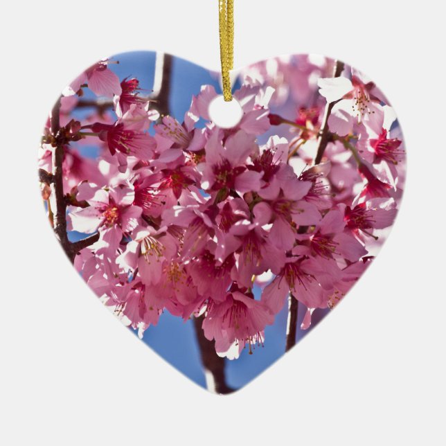 Sakura Cherry Blossoms Red Stars Ceramic Tree Decoration (Front)