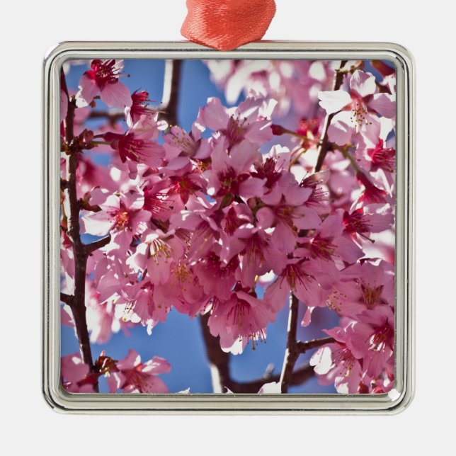 Sakura Cherry Blossoms Red Stars Metal Tree Decoration (Front)