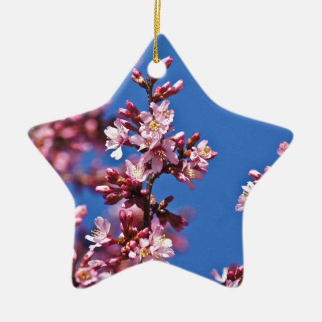 Sakura Cherry Blossoms Touching Blue Ceramic Tree Decoration (Front)