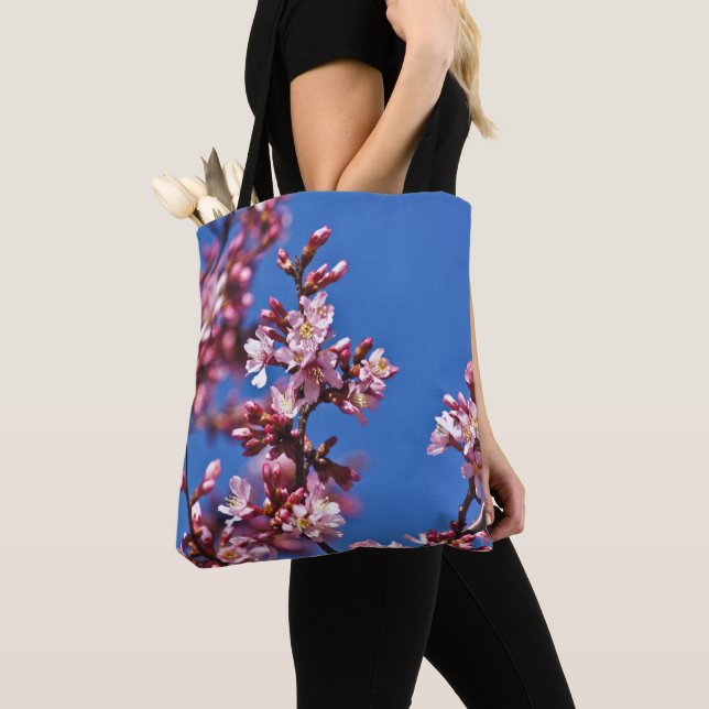 Sakura Cherry Blossoms Touching Blue Tote Bag (Close Up)