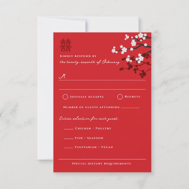 Sakura Double Happiness Chinese Wedding RSVP Card (Front)