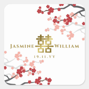 Sakura Double Happiness Chinese Wedding Sticker